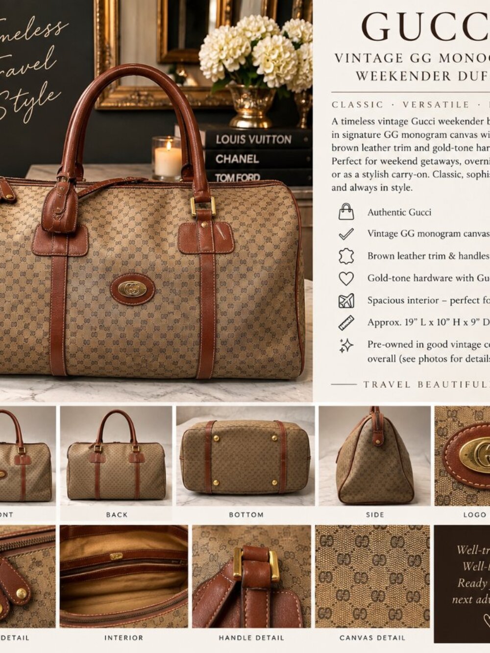 Vintage Gucci Micro GG Monogram Weekender Boston Duffle Travel Bag